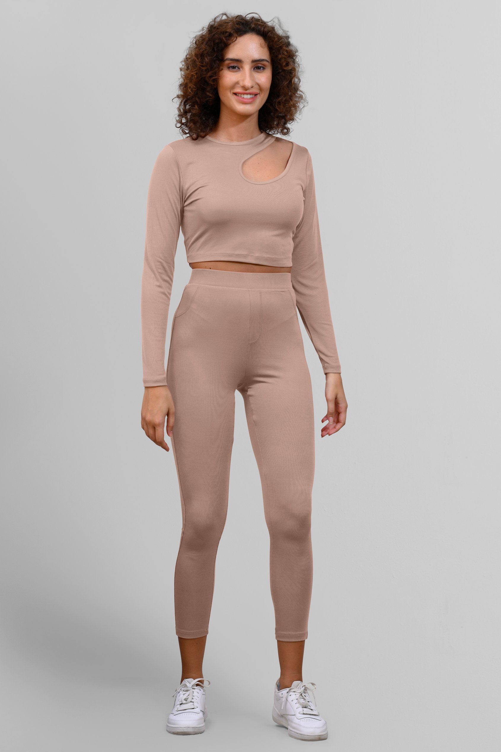 Enorsia Women's Cream Ribbed Crop Top & High Waist Leggings Set - Uk 18
