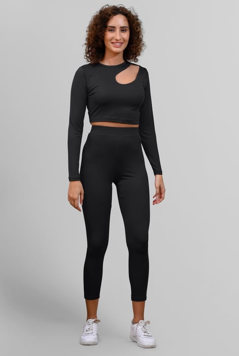 Cream Ribbed Crop Top & High Waist Leggings Set