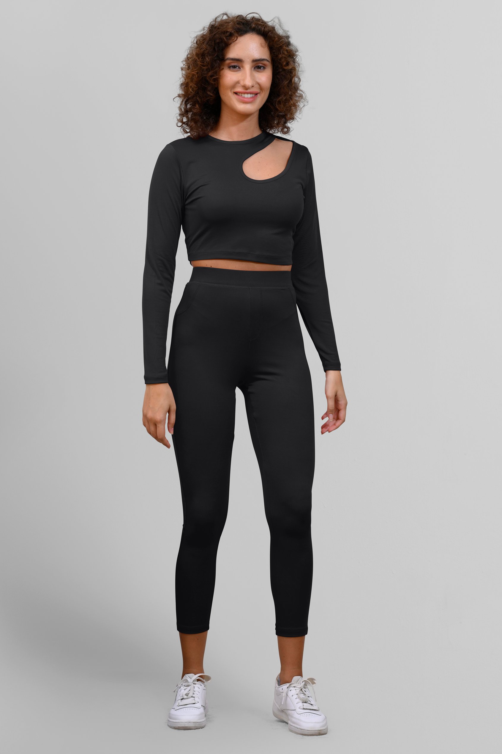 Enorsia Women's Black Ribbed Crop Top & High Waist Leggings Set - Uk 18