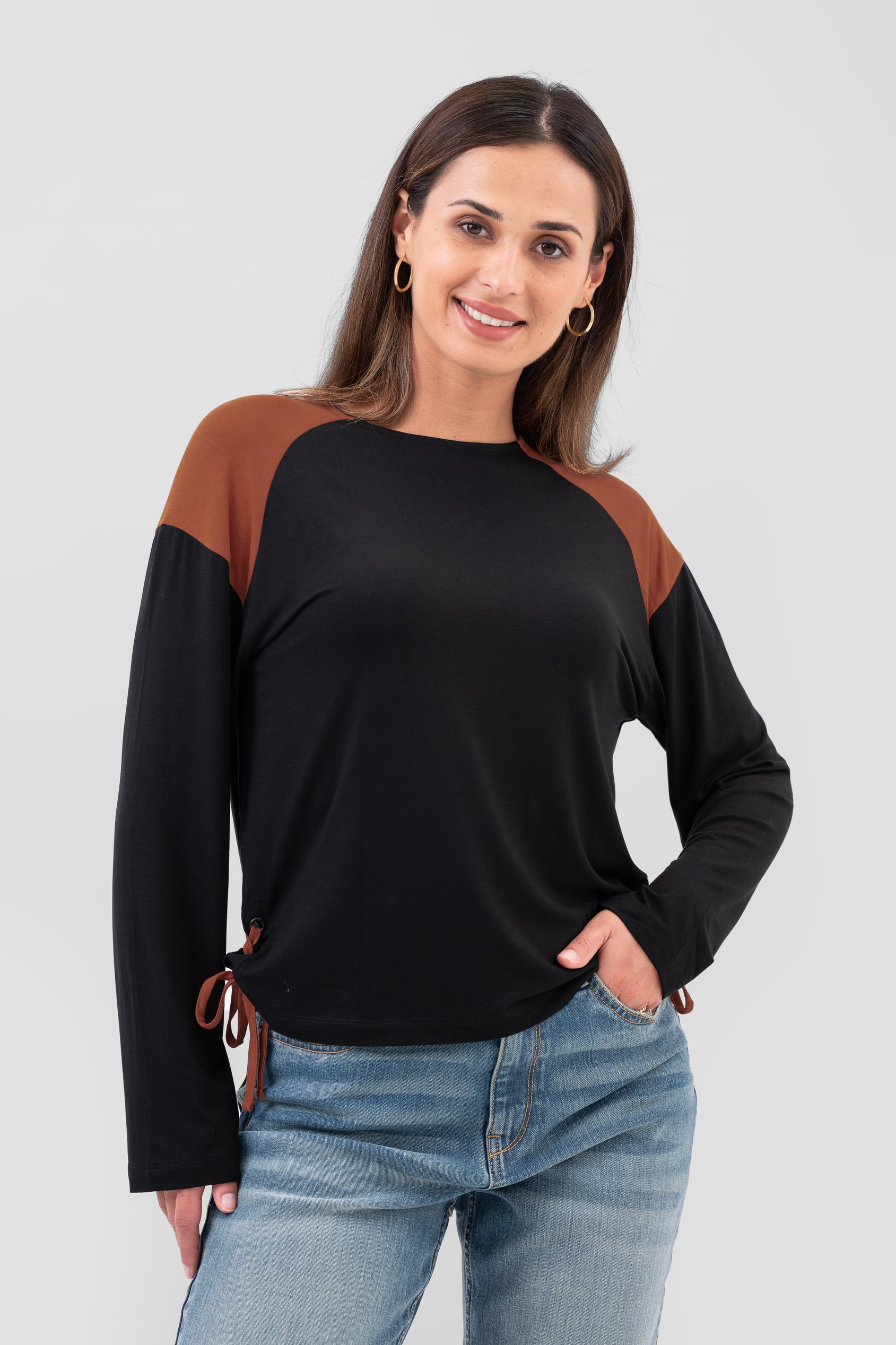 Enorsia Women's Black Colour Block Raglan Sleeve Tops - Uk 16