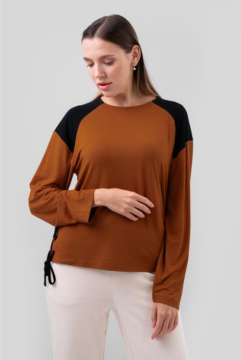 Womens Brown Colour Block Raglan Sleeve Tops