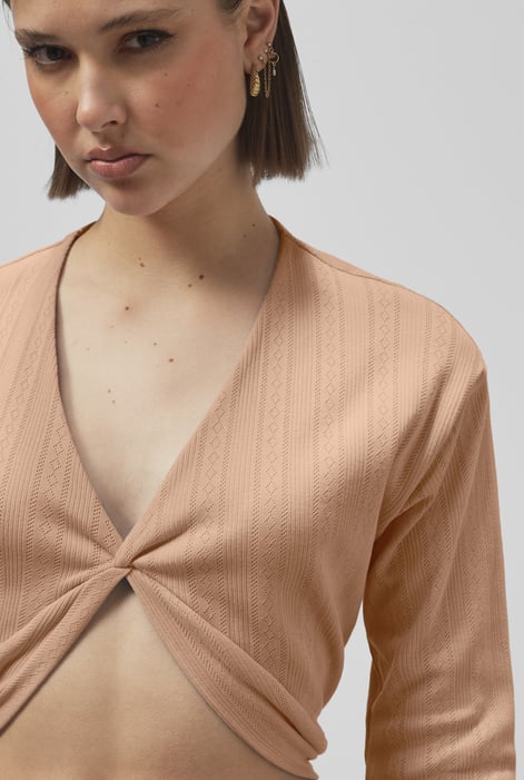 Brown Twisted Front Pin Tuck Jersey Cropped Top