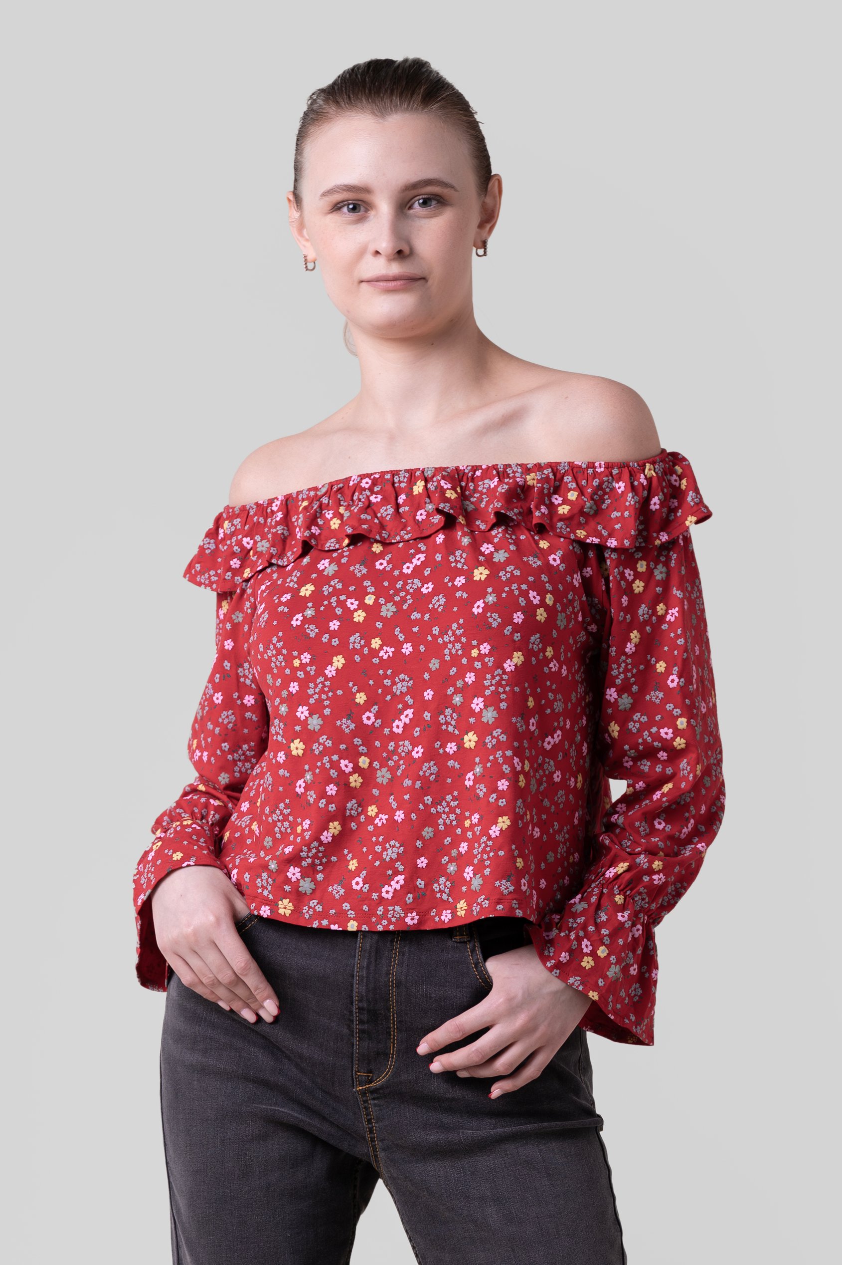 Enorsia Women's Red Floral Bardot Jersey Top - Uk 14