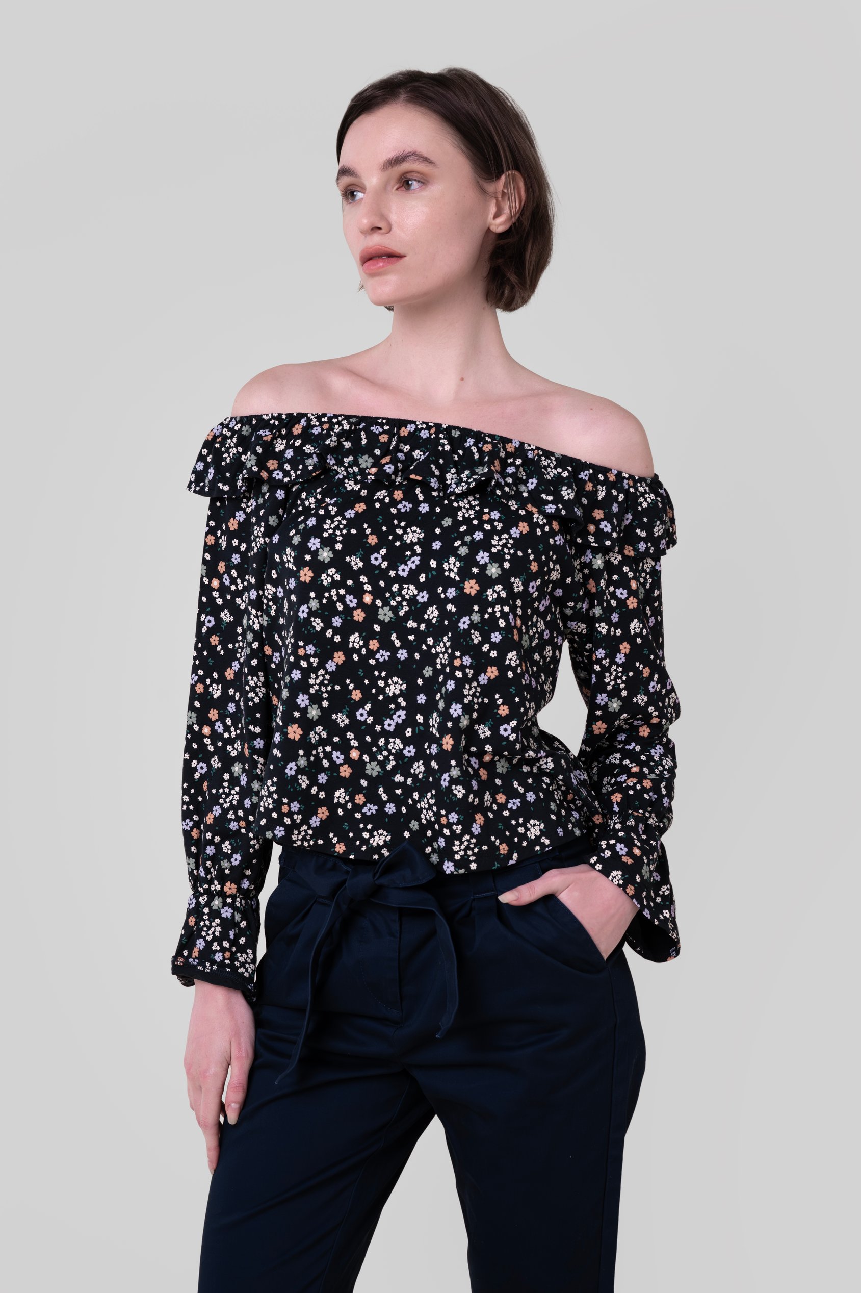 Enorsia Women's Black Floral Bardot Jersey Top - Uk 18