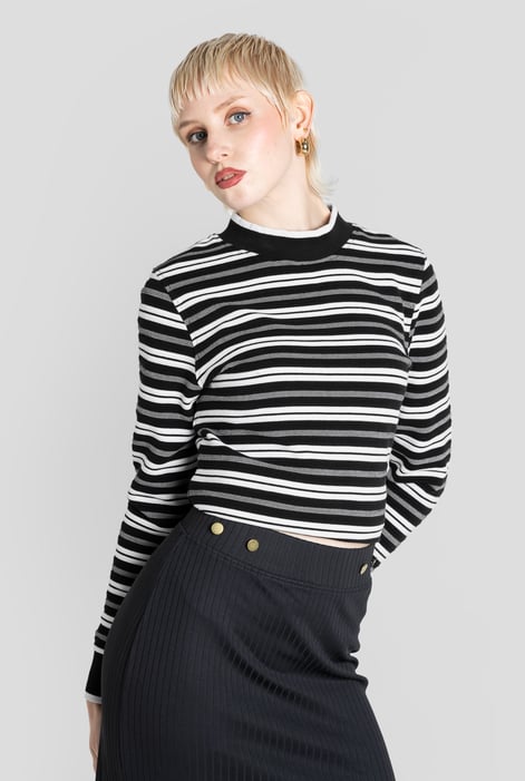 Brown Striped Ribbed Long Sleeve High Neck Jersey Top