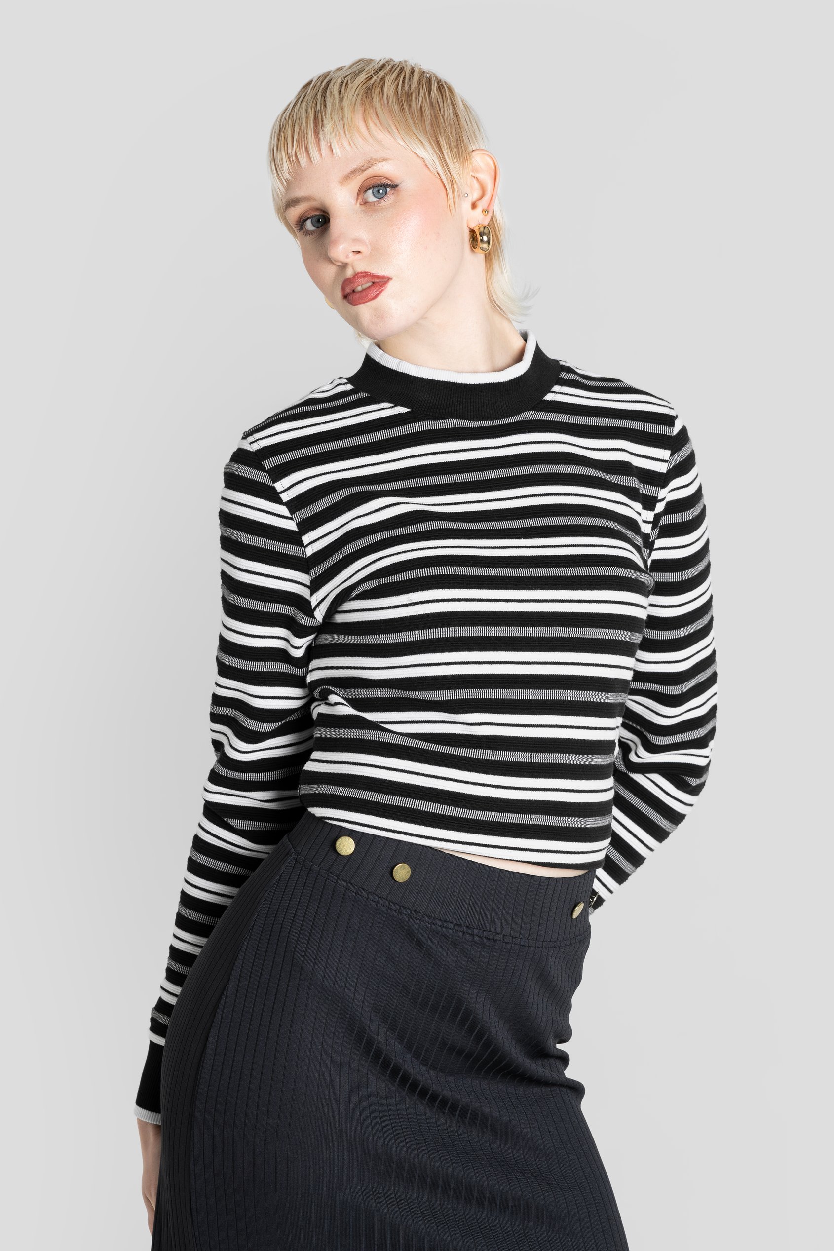 Enorsia Women's Black Striped High Neck Jersey Top - Uk 10