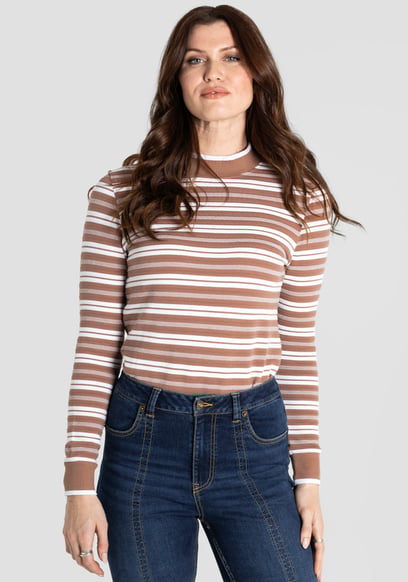 Striped Ribbed Long Sleeve High Neck Jersey Top