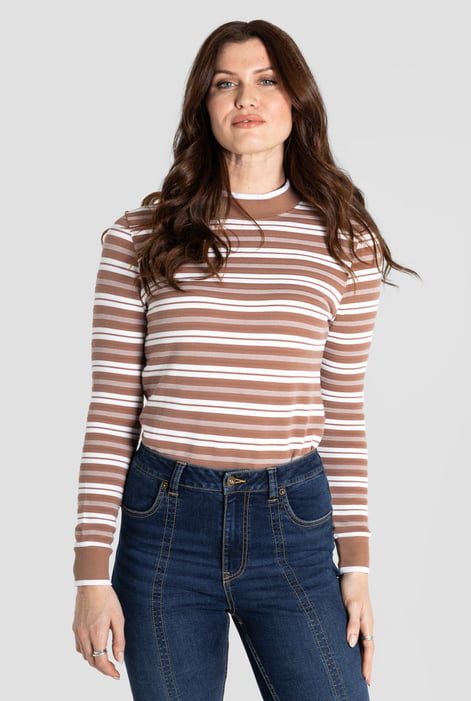 Brown Striped Ribbed Long Sleeve High Neck Jersey Top