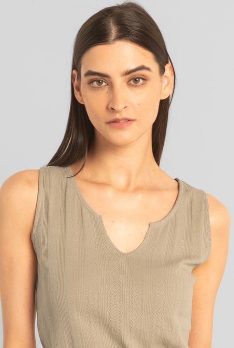 Khaki Textured Sleeveless V-neck Tank Top