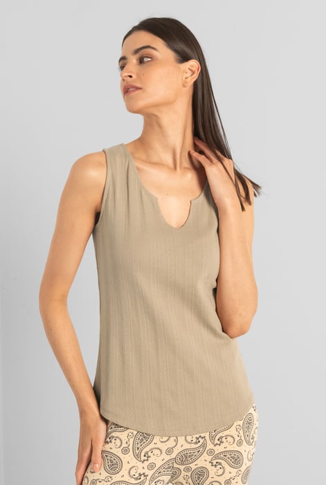 Khaki Textured Sleeveless V-neck Tank Top