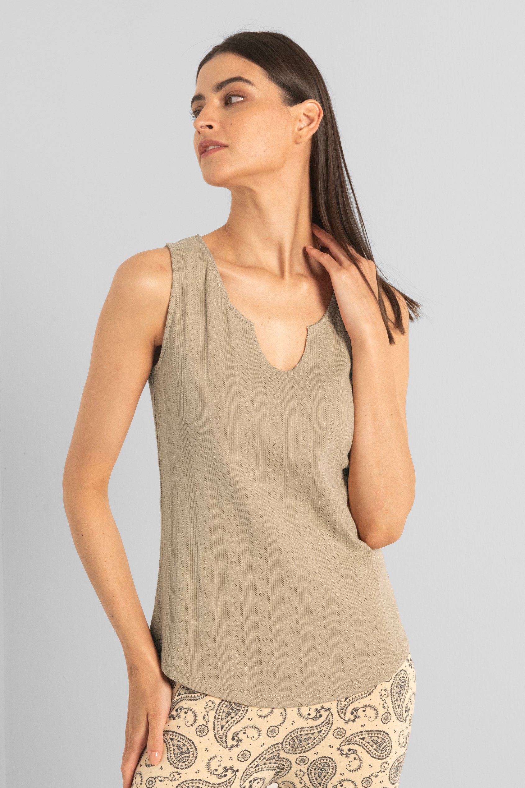 Enorsia Women's Khaki Textured Sleeveless V-Neck Tank Top - Uk 18