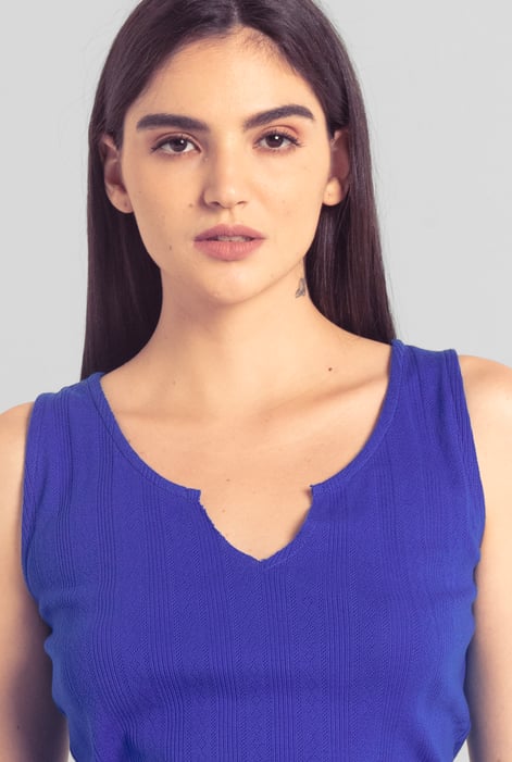 Blue Textured Sleeveless V-neck Tank Top