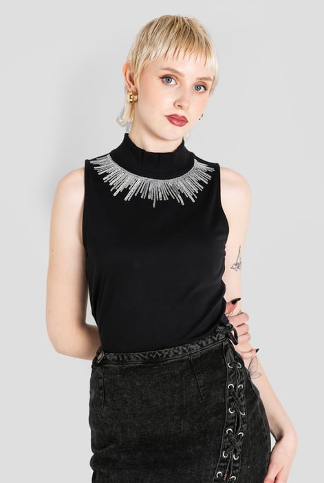 Black Silver Sequin High Neck Sleeveless Top