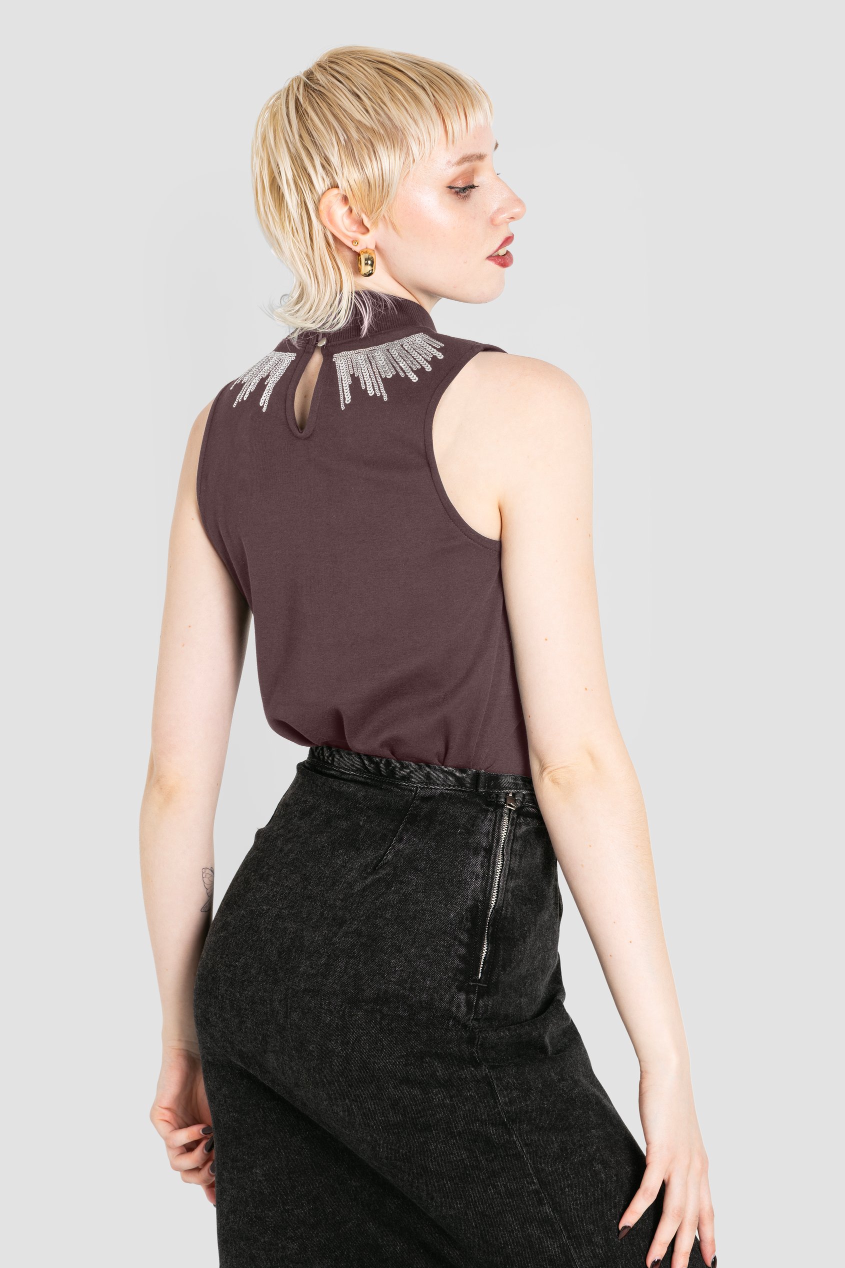 Silver Sequin High Neck Sleeveless Top