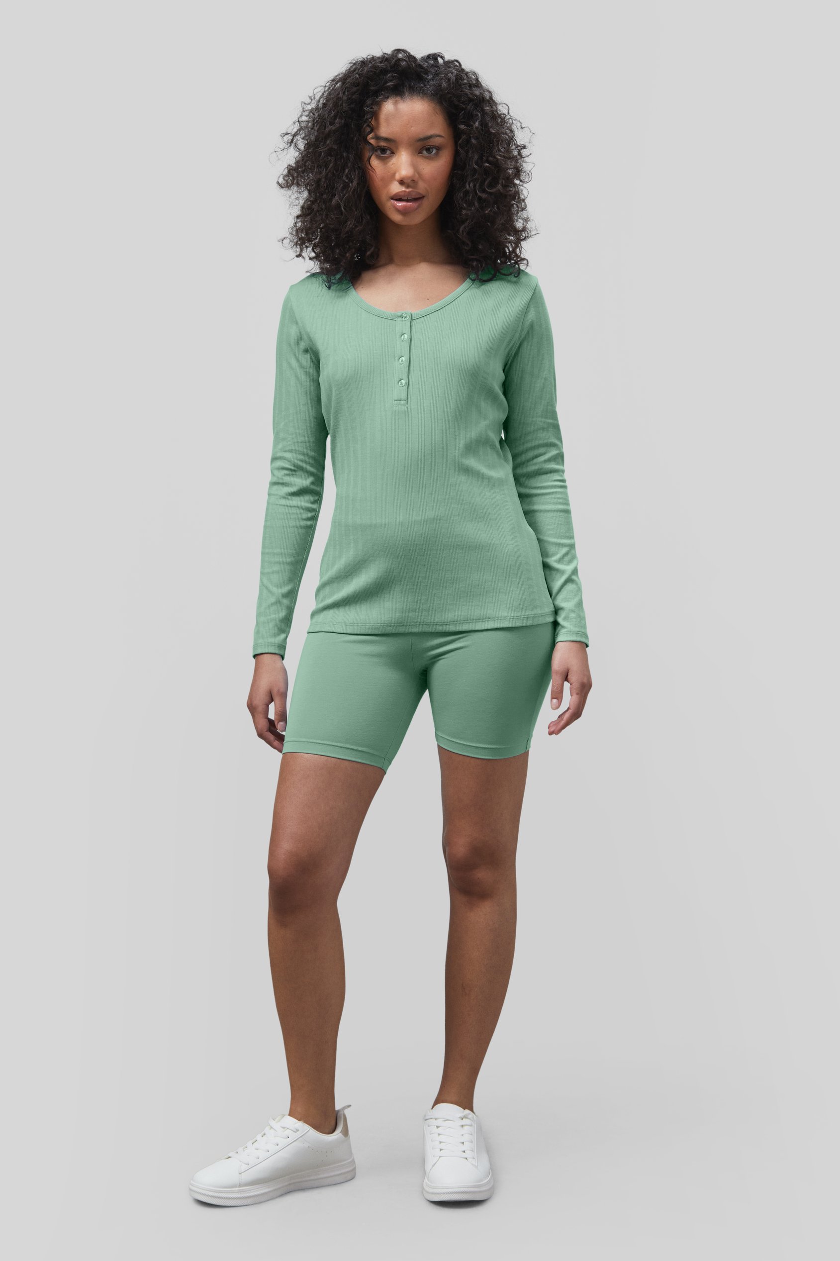 Enorsia Women's Green Ribbed Cycling Shorts & Ls T-Shirt Set - Uk 12