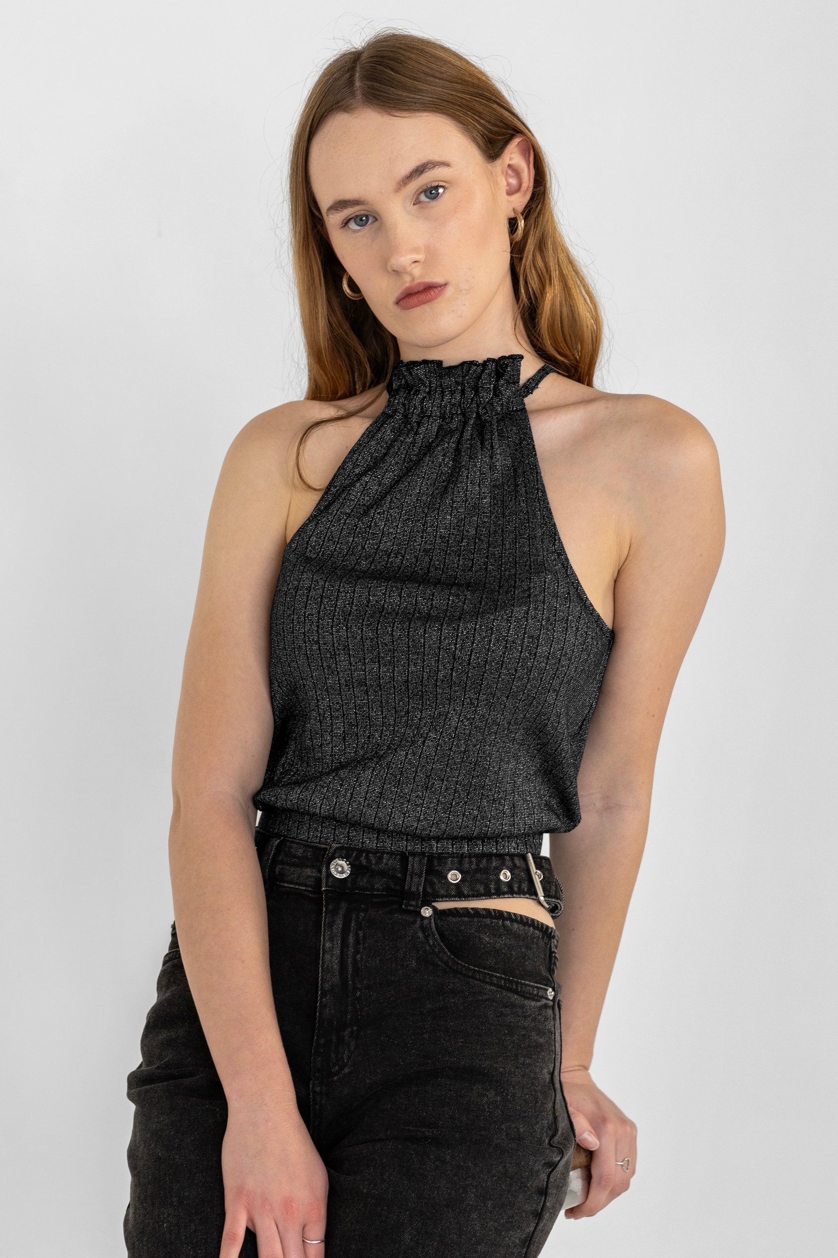 Enorsia Women's Black Shimmer Halter Neck Crop Top - Uk 18