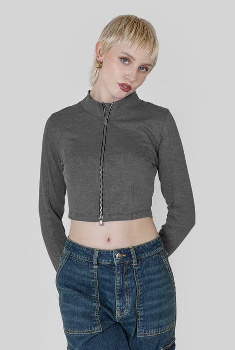 Grey Design Jersey Long Sleeve Crop Zip Top