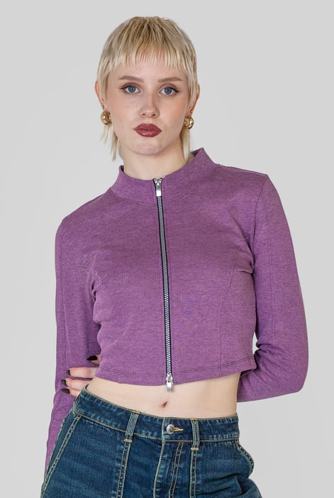 Grey Design Jersey Long Sleeve Crop Zip Top