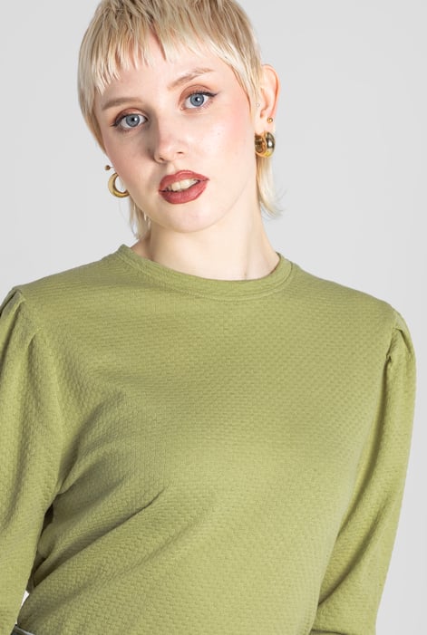 Olive Long Sleeve Crew Neck Jersey Top With Puff Sleeve