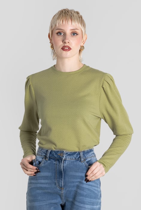 Olive Long Sleeve Crew Neck Jersey Top With Puff Sleeve