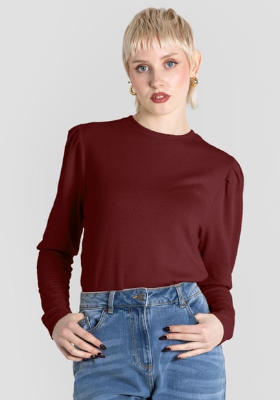 Long Sleeve Crew Neck Jersey Top With Puff Sleeve