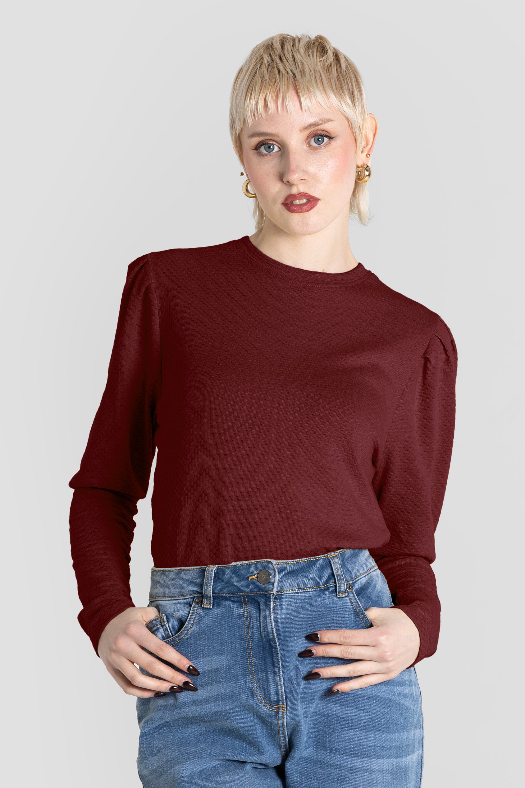 Long Sleeve Crew Neck Jersey Top With Puff Sleeve