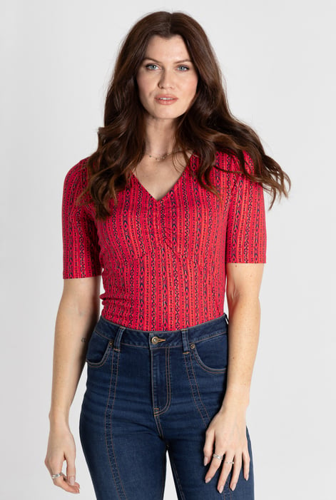 Brown Short Sleeve Shimmer Printed Viscose Top