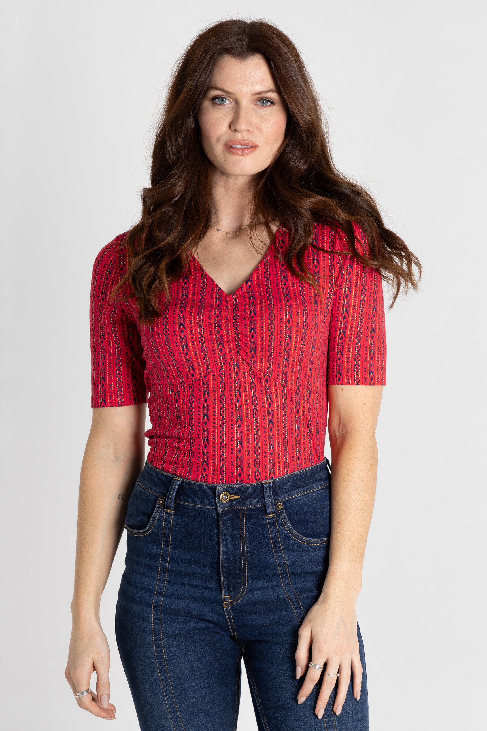 Enorsia Women's Red Shimmer Print V Neck Jersey Top - Uk 18