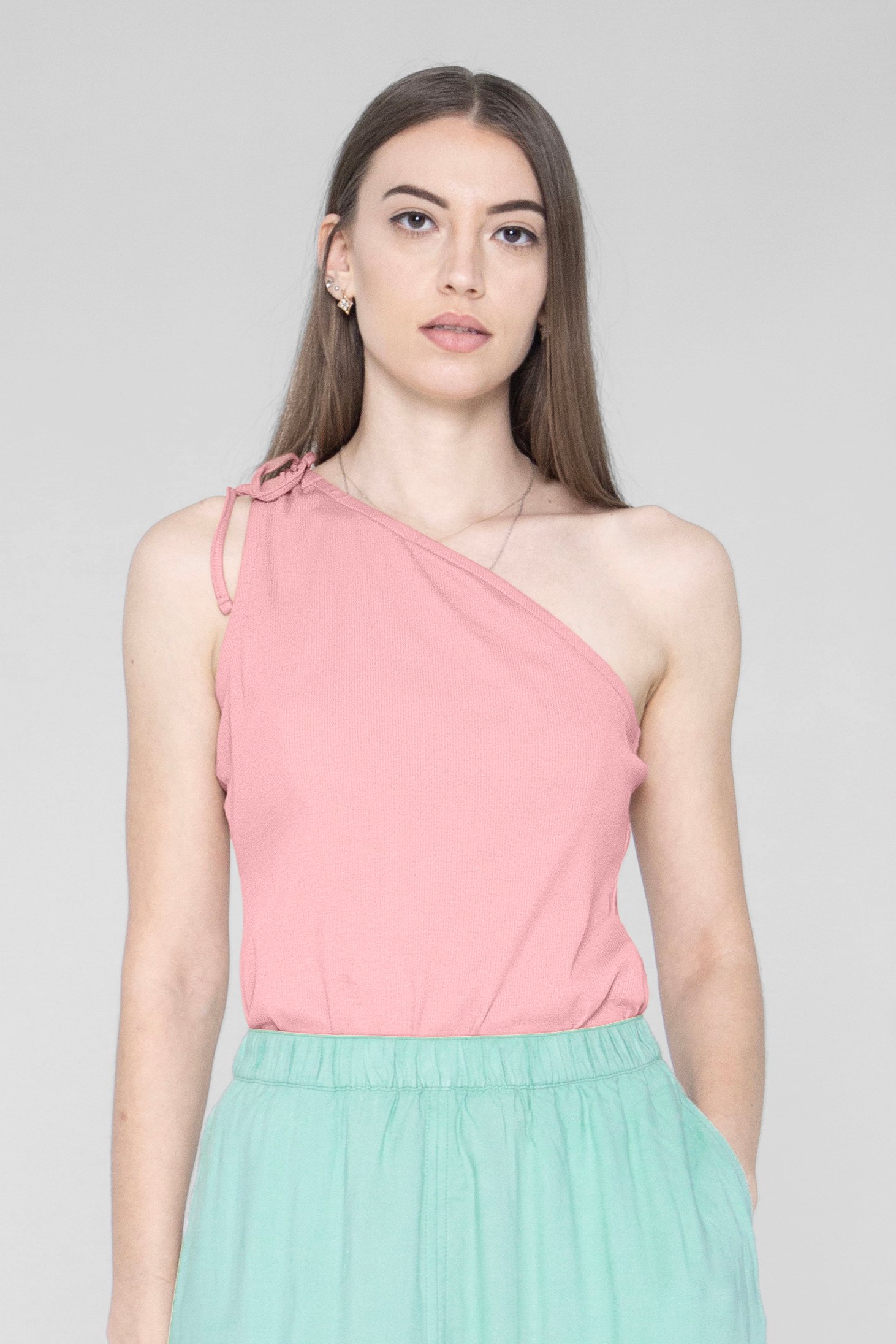 Enorsia Women's Pink Knotted One Shoulder Rib Vest - Uk 18