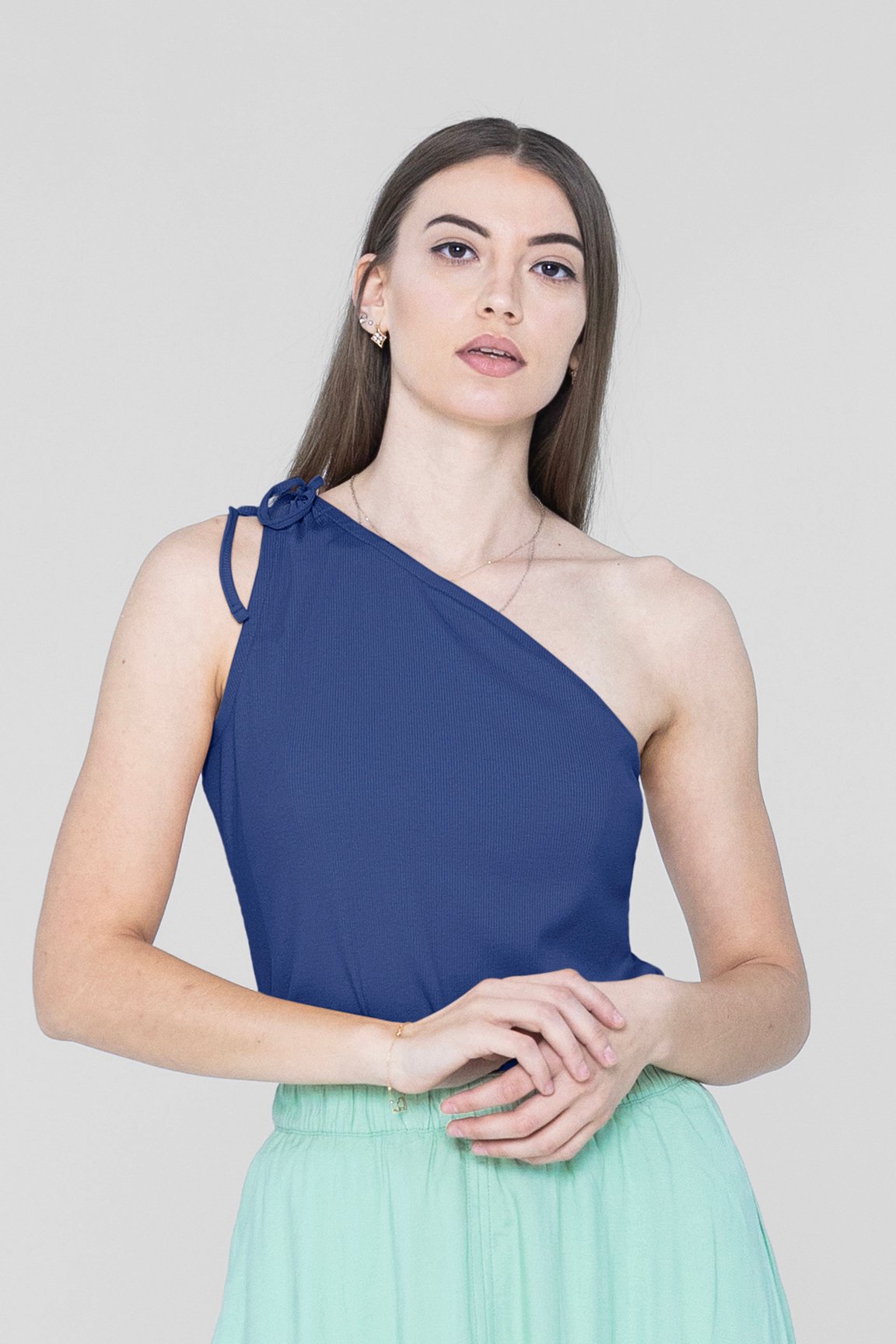 Enorsia Women's Blue Knotted One Shoulder Rib Vest - Uk 18