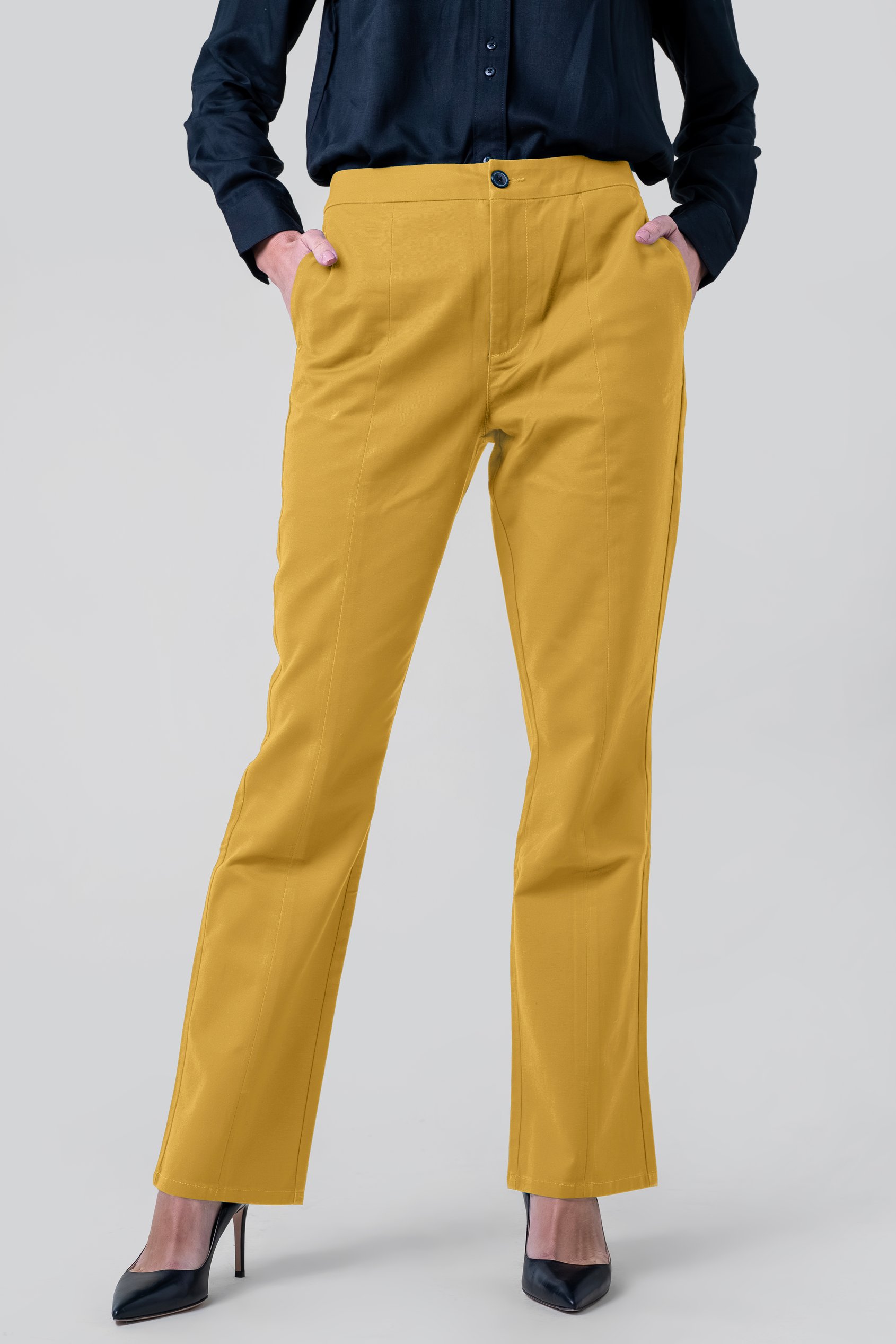 Enorsia Women's Yellow Front Seam Flared Trousers - Uk 10
