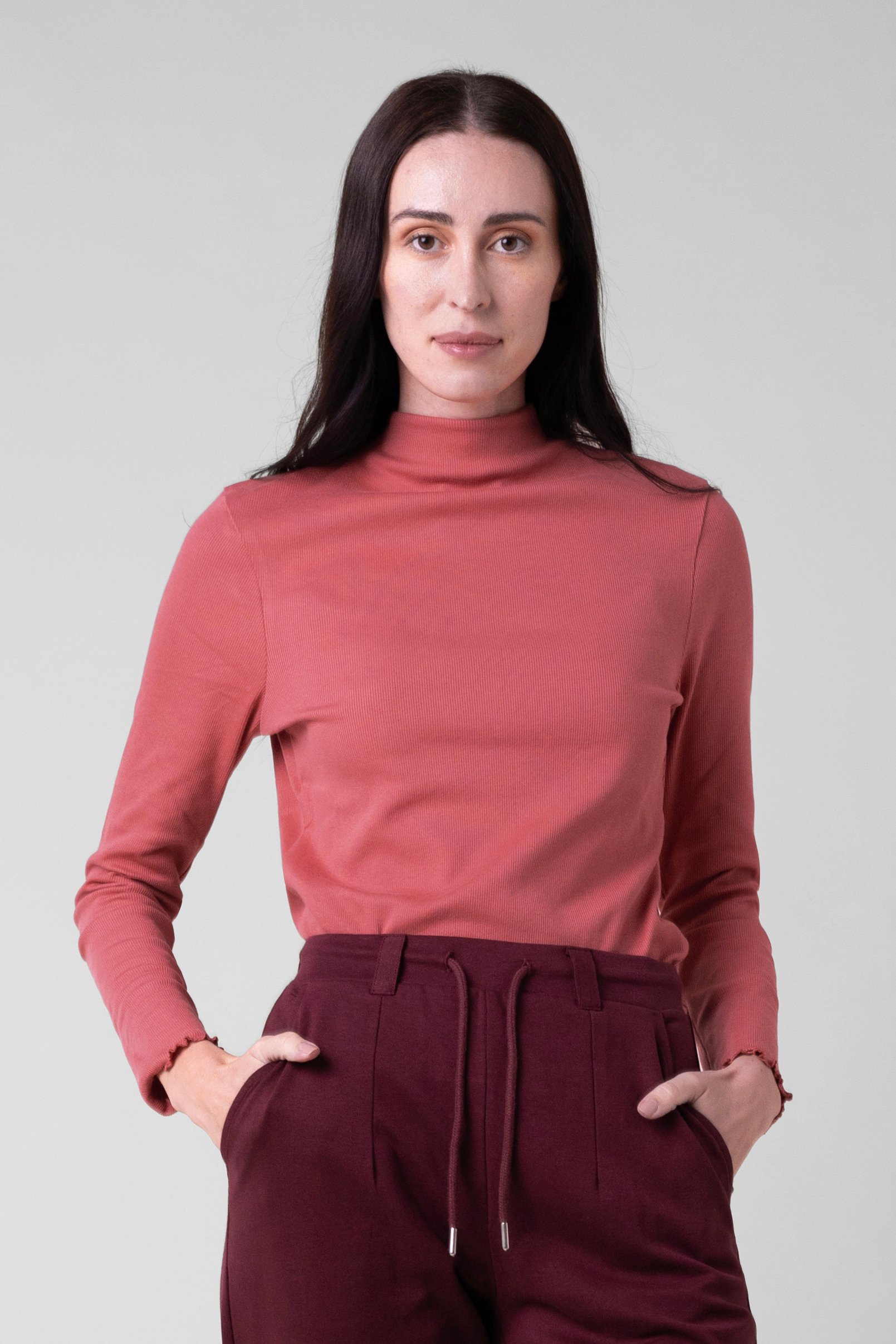 Enorsia Women's Red Ribbed High Neck Top - Uk 16