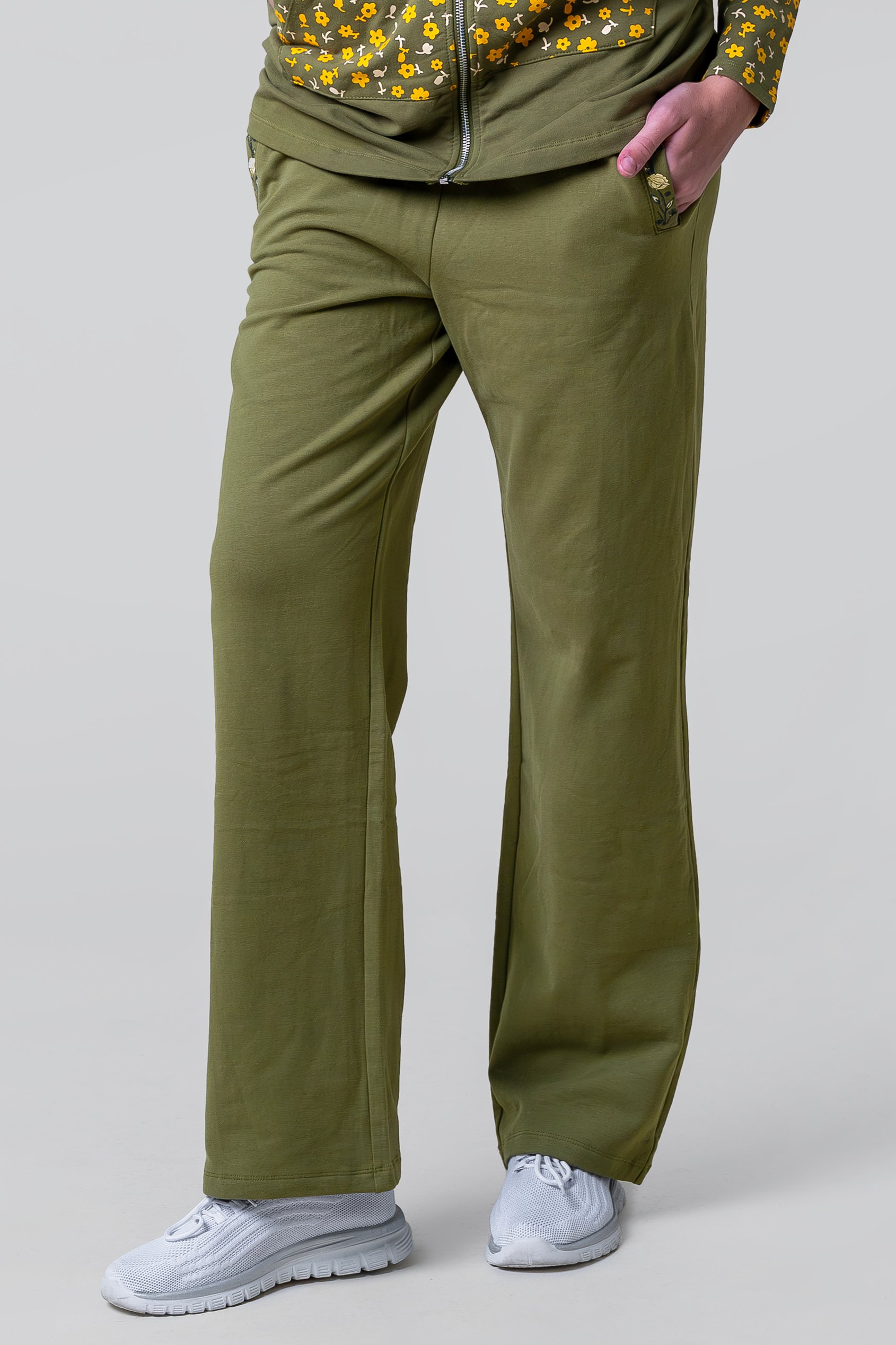 Enorsia Women's Green Stretchy Embroidery Design Details Trousers - Uk 18