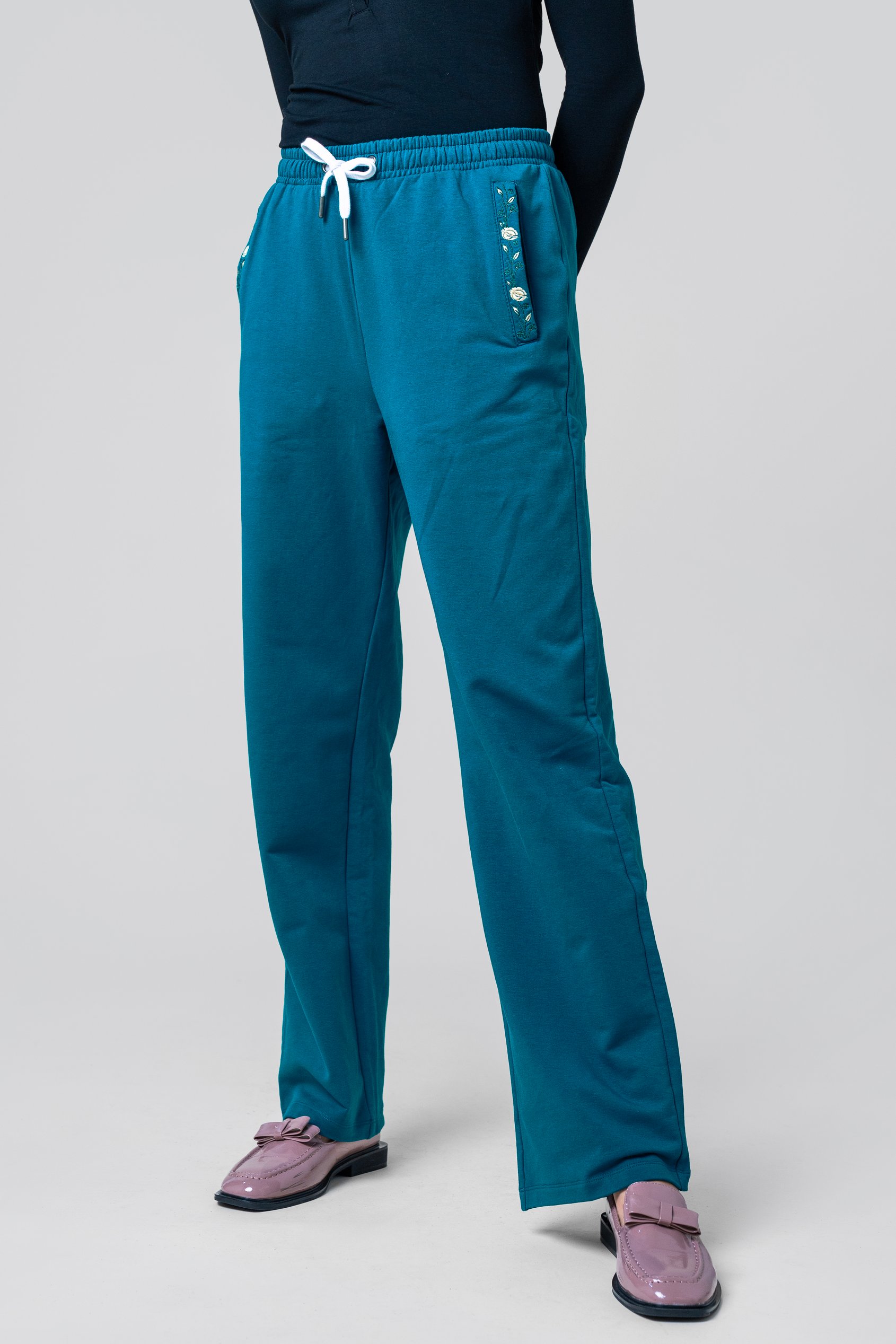 Enorsia Women's Blue Stretchy Embroidery Design Details Trousers - Uk 12