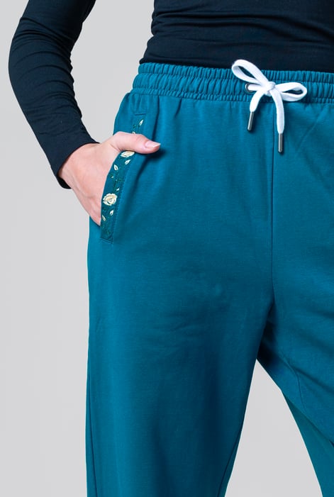 Blue Stretchy Embroidery Design Details Trousers