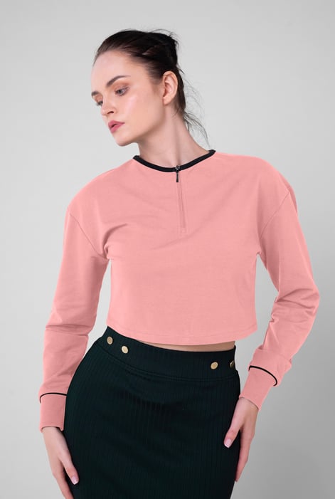 Womens Black Drop Shoulder Zip Through Top