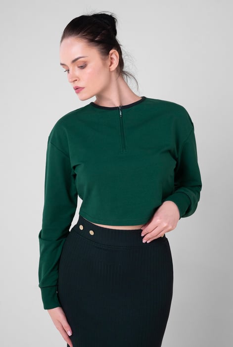 Womens Black Drop Shoulder Zip Through Top