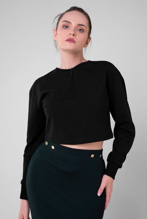 Womens Black Drop Shoulder Zip Through Top