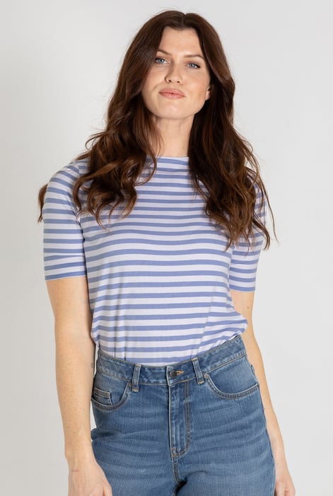 Blue Stripe Jersey Button Back T-Shirt Top