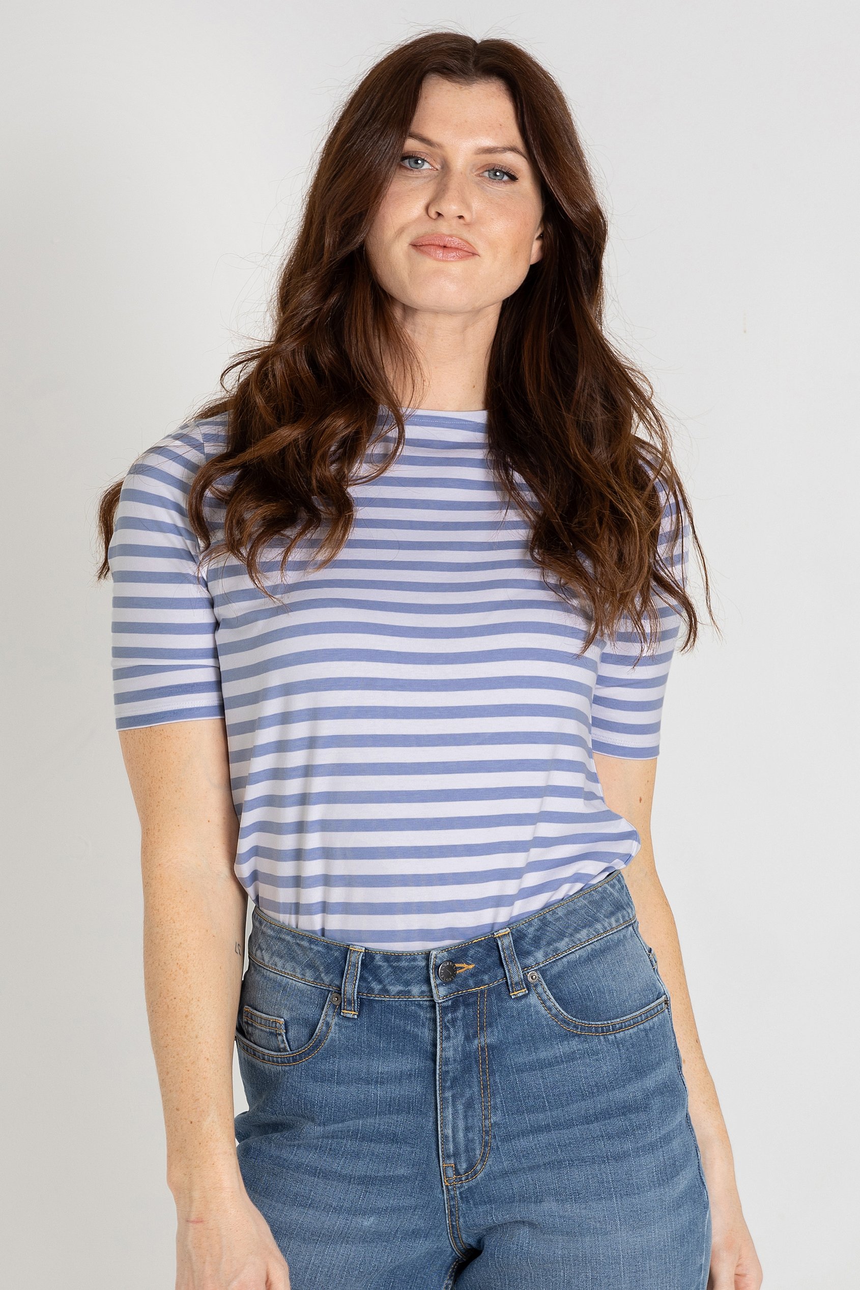 Enorsia Women's Blue Stripe Button Back Jersey T-Shirt - Uk 18