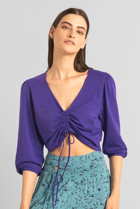 Womens Purple Ruched Long Sleeve Crop Top
