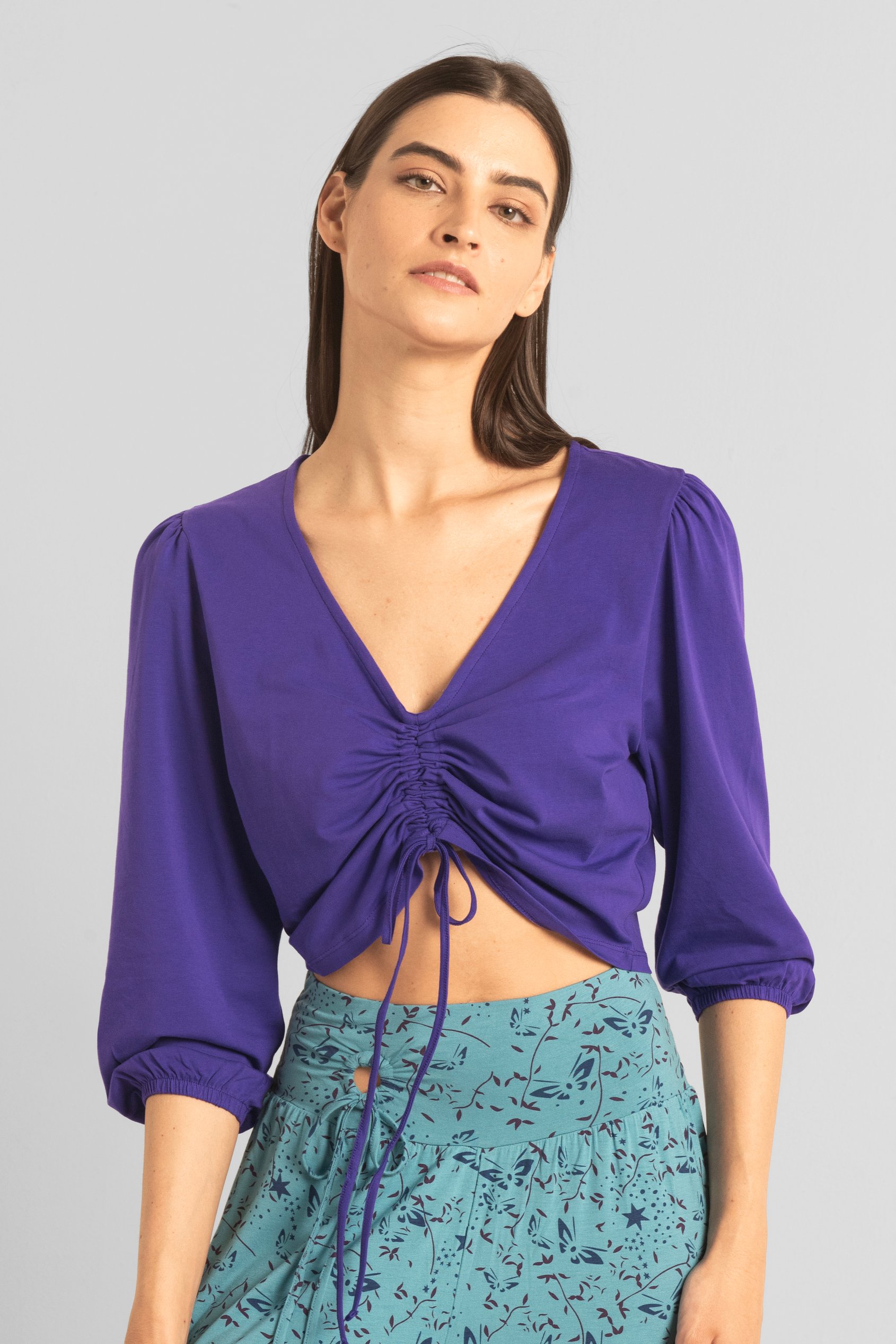 Enorsia Women's Purple Ruched Tie Front Crop Top - Uk 16