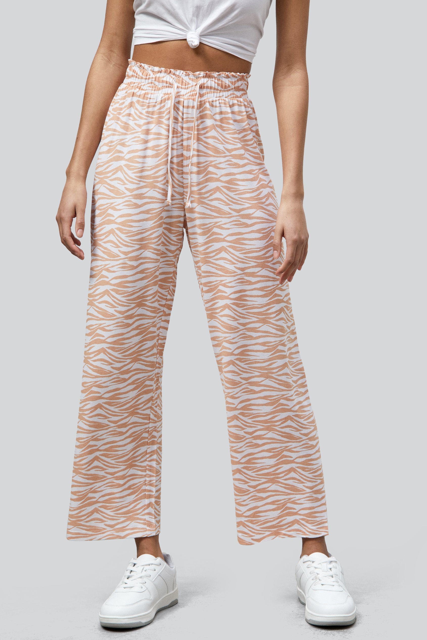 Enorsia Women's Nude Zebra Print Straight Leg Trousers - Uk 16