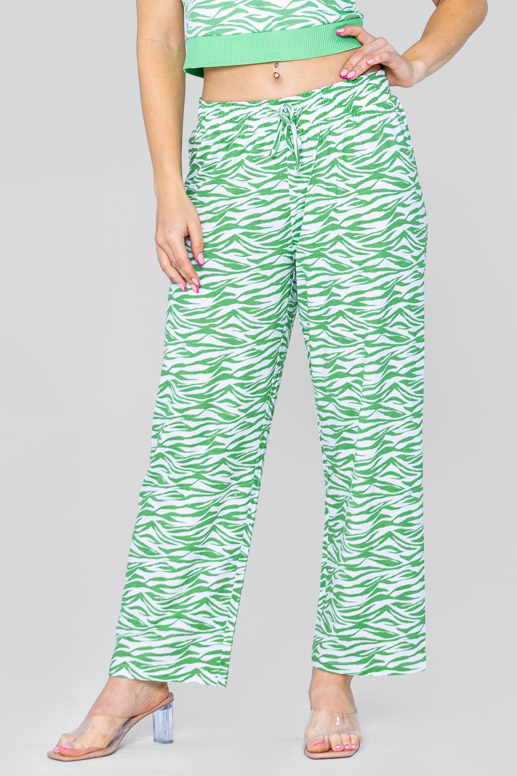 Enorsia Women's Green Zebra Print Straight Leg Trousers - Uk 16