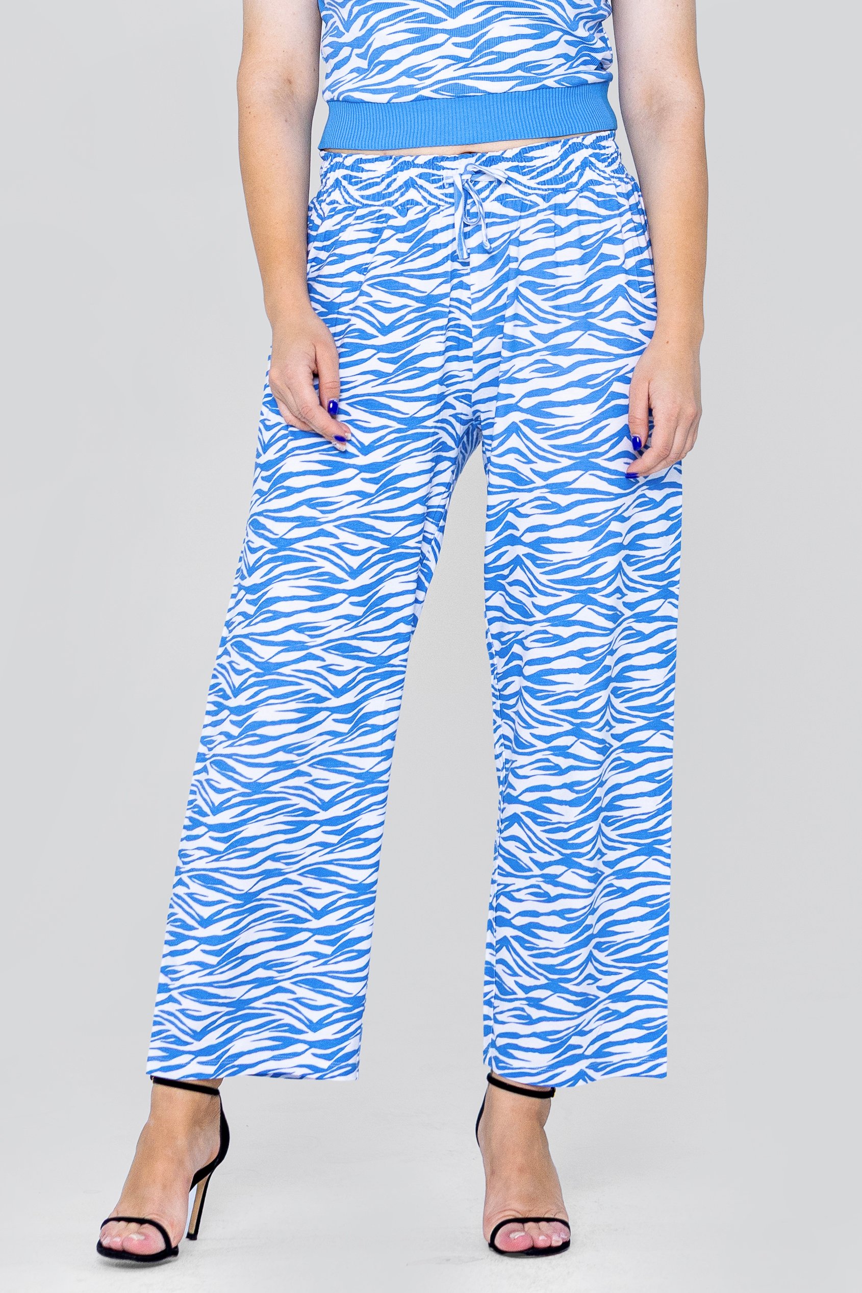 Enorsia Women's Blue Zebra Print Straight Leg Trousers - Uk 16