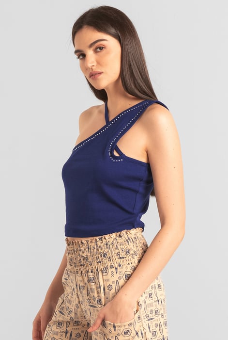 Blue Solid ​Knitted Asymmetrical Tank Top