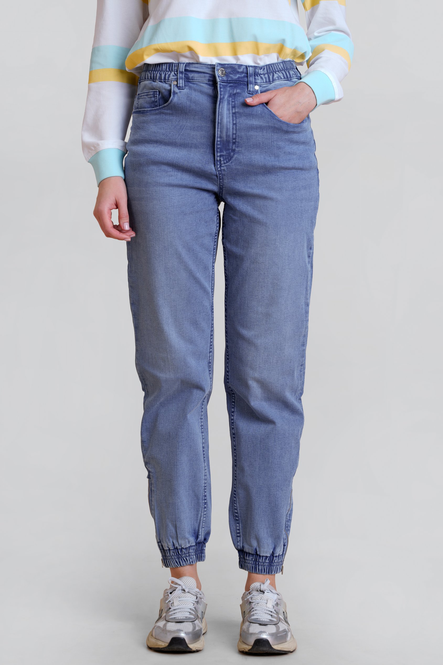 Enorsia Women's Mid Blue ’S Zip-Cuff Denim Jogger Pants - Uk 8