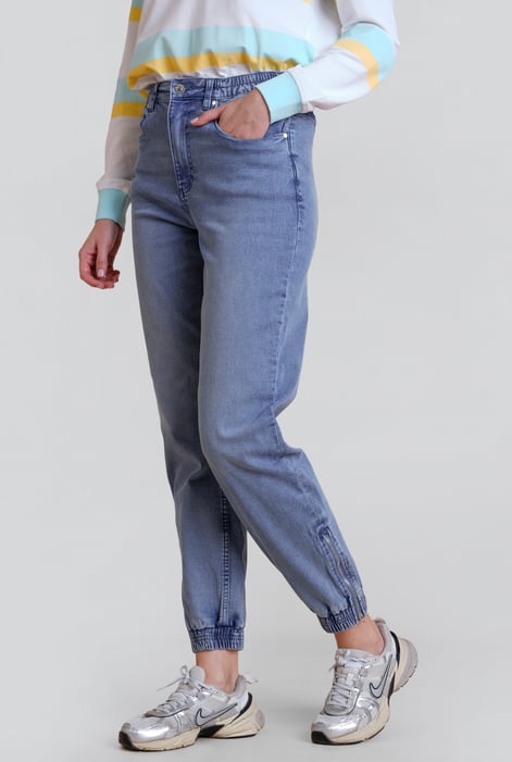 Women’s Mid Blue Zip-Cuff Denim Jogger Pants
