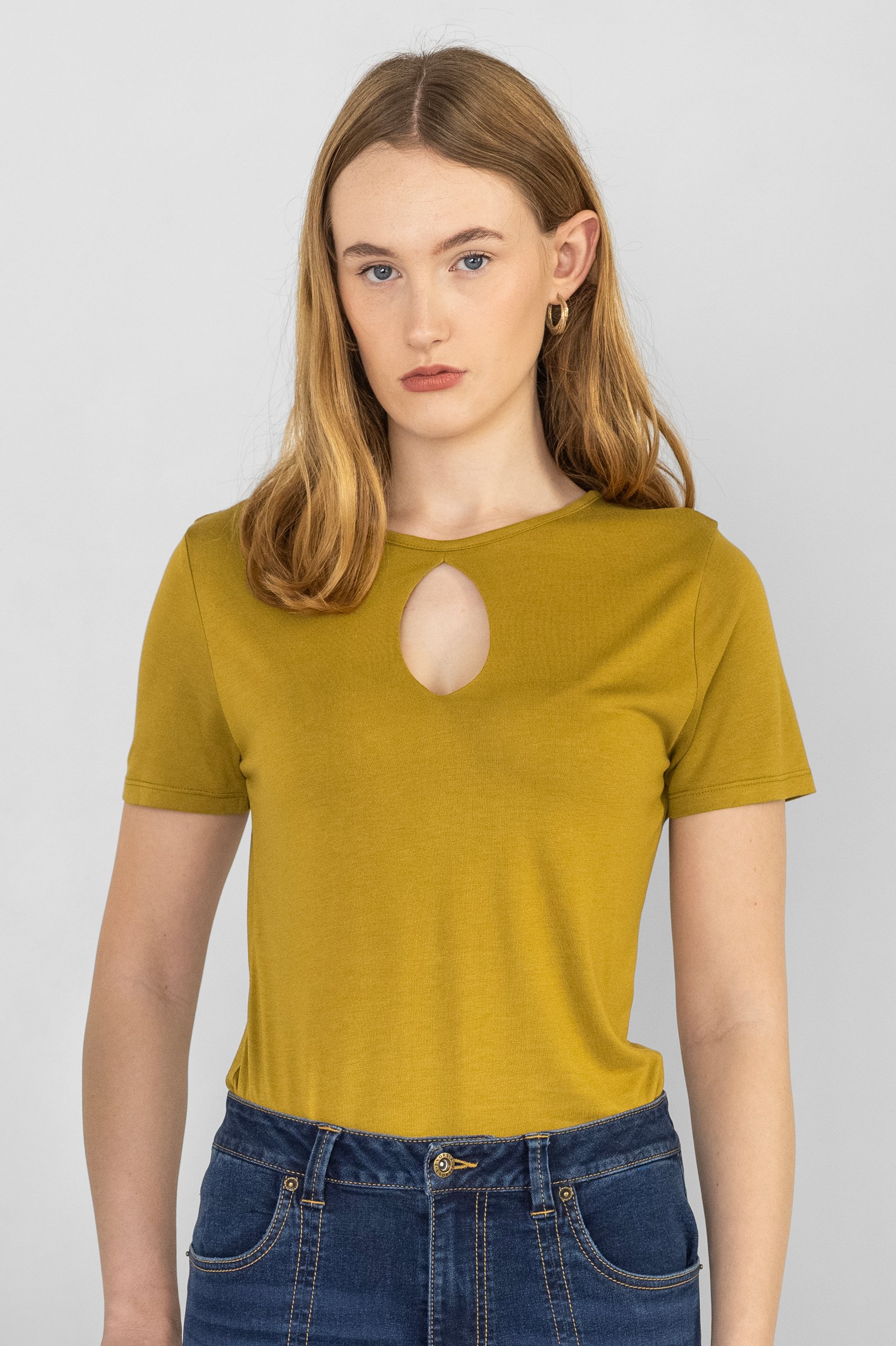 Enorsia Women's Yellow Key Hole Detail Short Sleeve Viscose Top - Uk 14