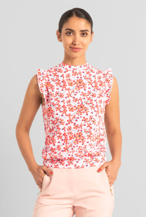 Red Floral Printed Smocked Hem Frill Top